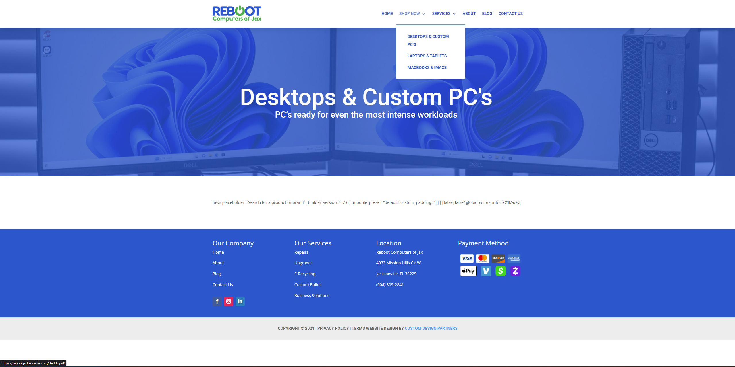 Reboot Computers broken desktops shop page showing raw shortcode
