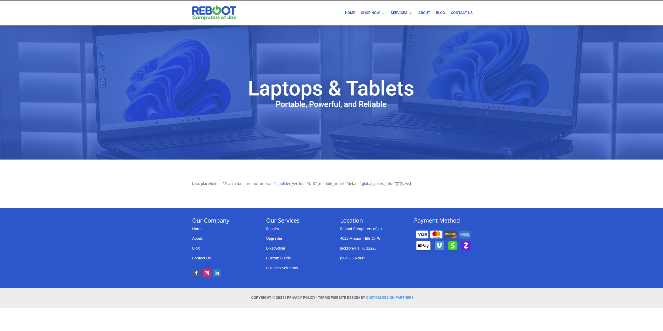 Reboot Computers broken laptops shop page showing raw shortcode